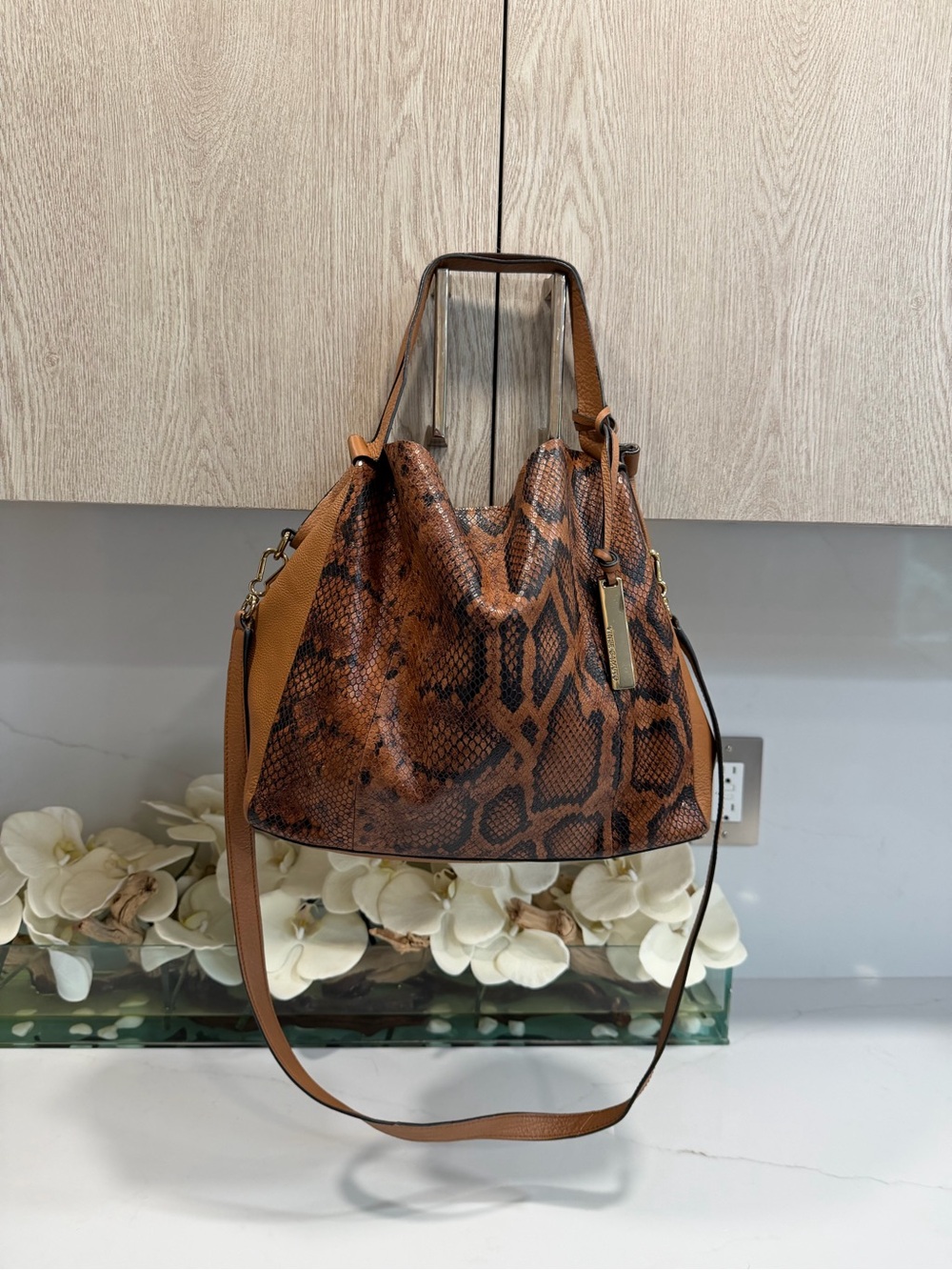 Vince Camuto Caramel & Snake Print Tote Bag